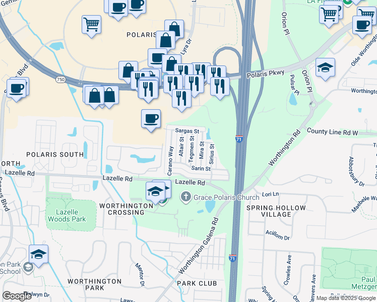 map of restaurants, bars, coffee shops, grocery stores, and more near 8283 Tegmen Street in Columbus