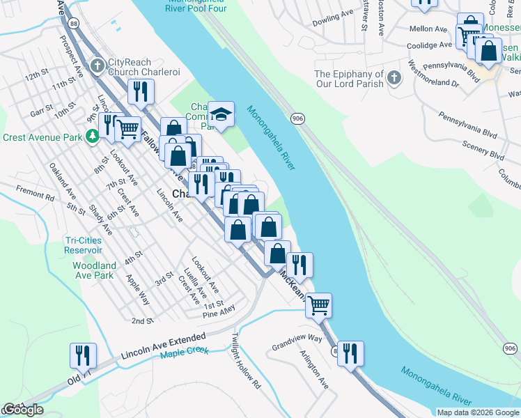 map of restaurants, bars, coffee shops, grocery stores, and more near 100 3rd Street in Charleroi
