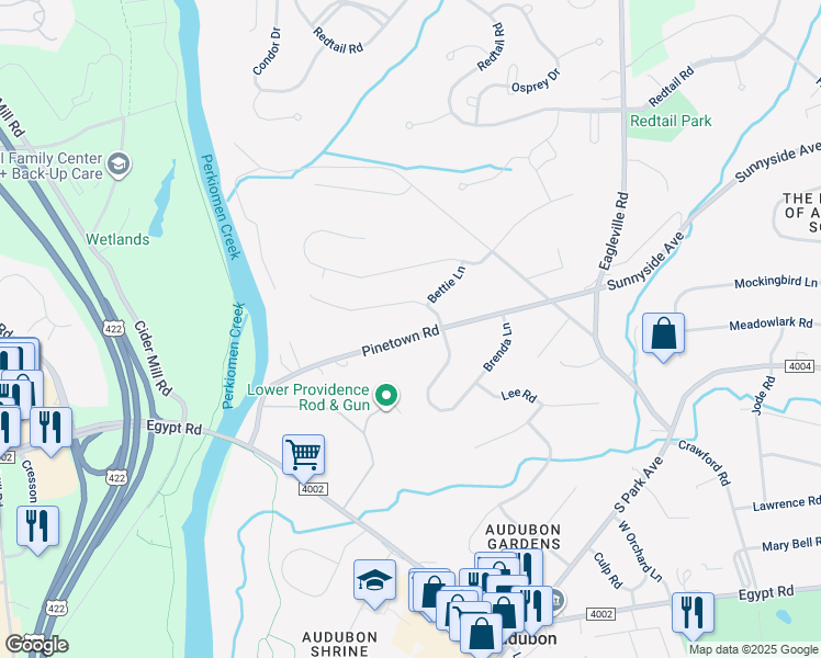 map of restaurants, bars, coffee shops, grocery stores, and more near 209 Pinetown Road in Eagleville