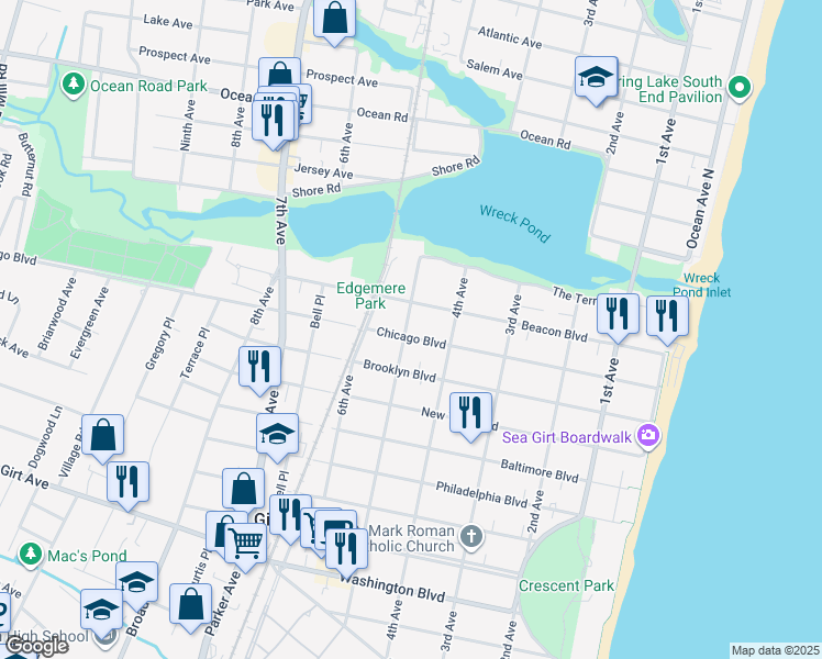 map of restaurants, bars, coffee shops, grocery stores, and more near 415 Chicago Boulevard in Sea Girt