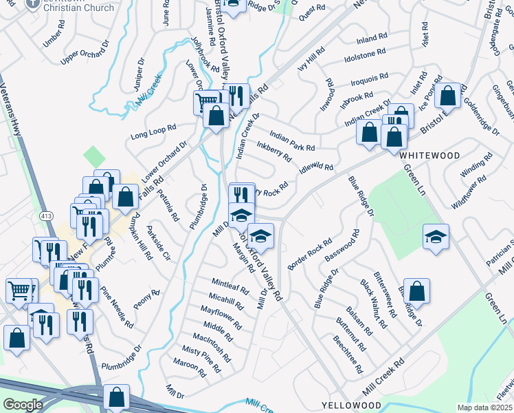 map of restaurants, bars, coffee shops, grocery stores, and more near 17 Idlewild Road in Levittown