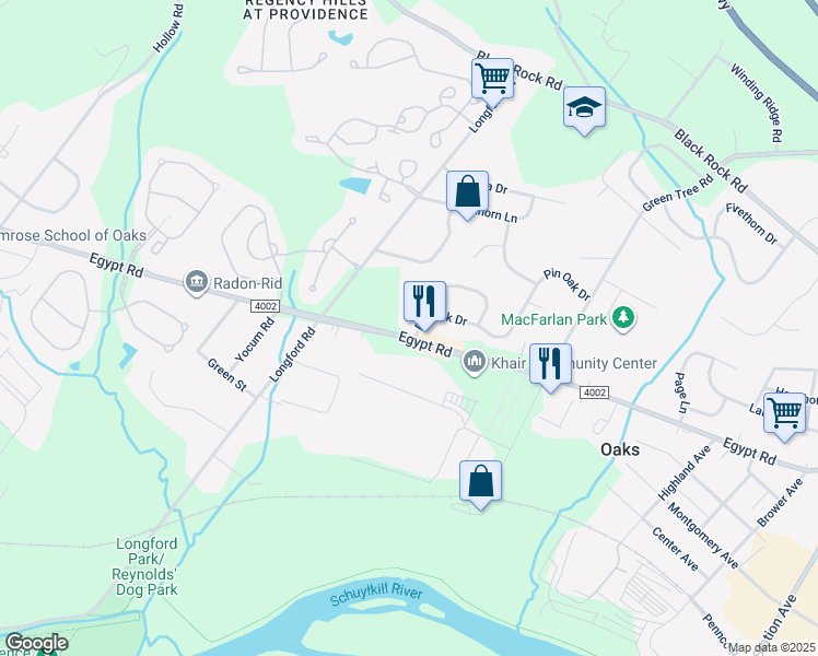 map of restaurants, bars, coffee shops, grocery stores, and more near 2 Pin Oak Drive in Phoenixville