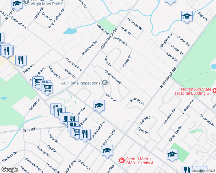 map of restaurants, bars, coffee shops, grocery stores, and more near 28 Penfield Avenue in Norristown