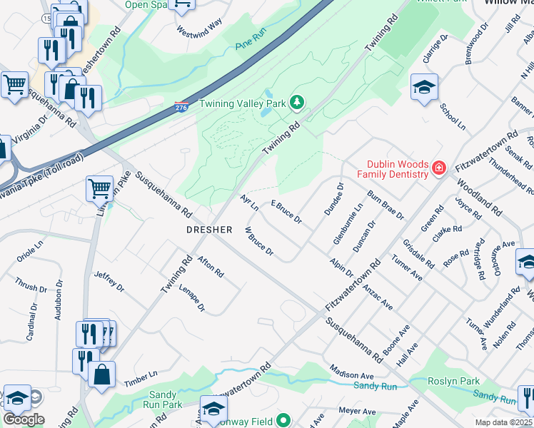 map of restaurants, bars, coffee shops, grocery stores, and more near 3237 Ayr Lane in Dresher