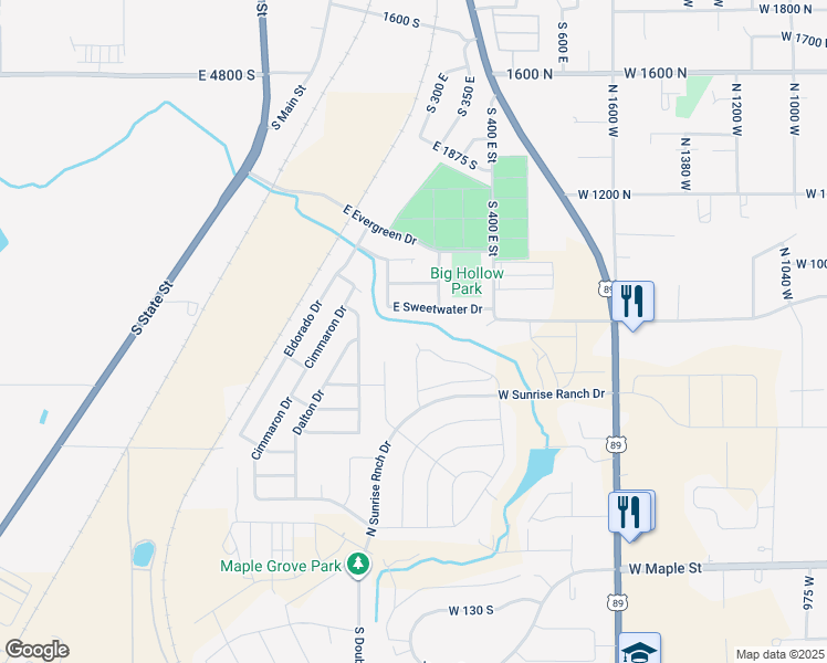 map of restaurants, bars, coffee shops, grocery stores, and more near 624 North Legend Circle in Springville