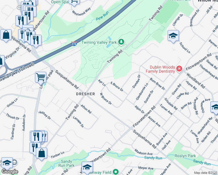 map of restaurants, bars, coffee shops, grocery stores, and more near 3237 Ayr Lane in Dresher