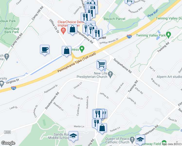 map of restaurants, bars, coffee shops, grocery stores, and more near 1003 Jennifer Drive in Dresher