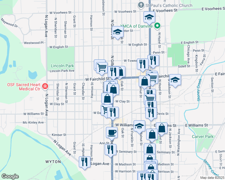 map of restaurants, bars, coffee shops, grocery stores, and more near 398 West Woodbury Street in Danville