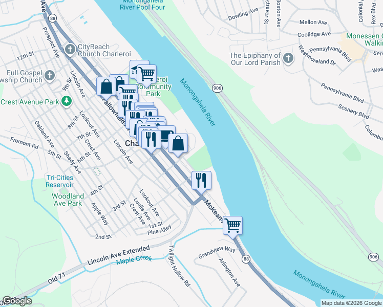 map of restaurants, bars, coffee shops, grocery stores, and more near 100 3rd Street in Charleroi