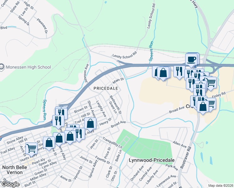 map of restaurants, bars, coffee shops, grocery stores, and more near 304 Ohio Street in Belle Vernon