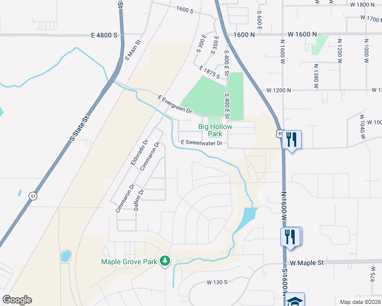 map of restaurants, bars, coffee shops, grocery stores, and more near 268 East Sweetwater Drive in Springville