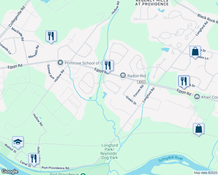 map of restaurants, bars, coffee shops, grocery stores, and more near 260 Hanover Road in Phoenixville
