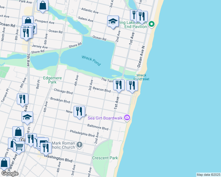 map of restaurants, bars, coffee shops, grocery stores, and more near 201 Beacon Boulevard in Sea Girt