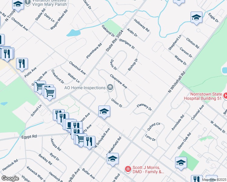 map of restaurants, bars, coffee shops, grocery stores, and more near 28 Penfield Avenue in Norristown