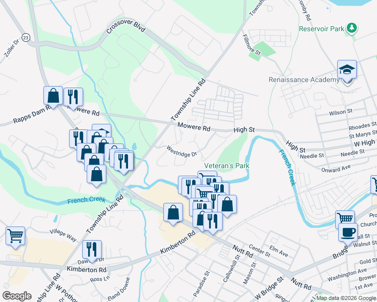 map of restaurants, bars, coffee shops, grocery stores, and more near 422 Westridge Drive in Phoenixville