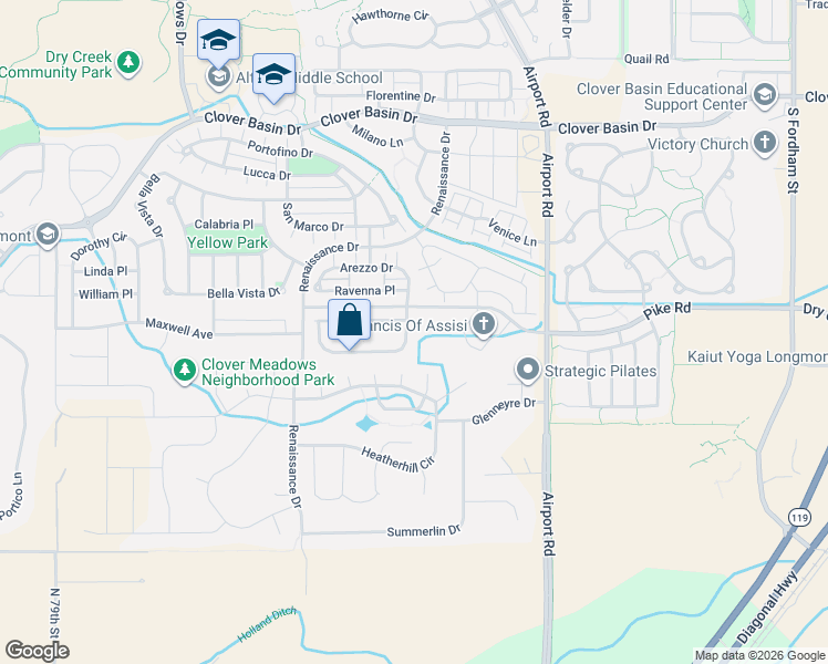 map of restaurants, bars, coffee shops, grocery stores, and more near 4017 Frederick Circle in Longmont