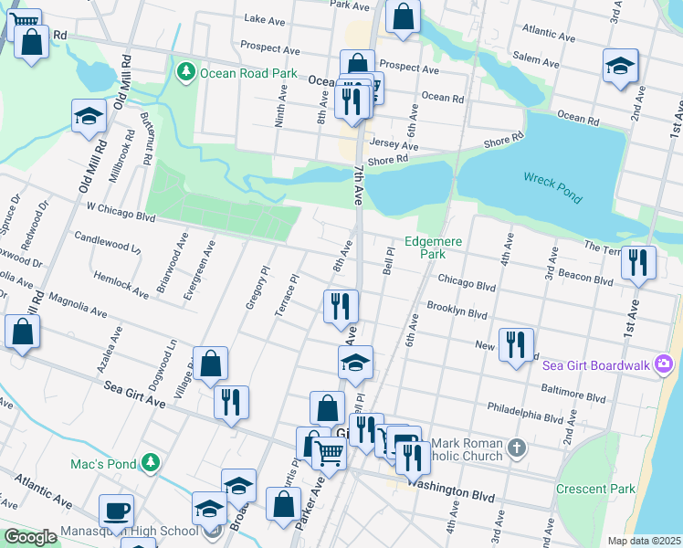 map of restaurants, bars, coffee shops, grocery stores, and more near 707 Brooklyn Boulevard in Sea Girt
