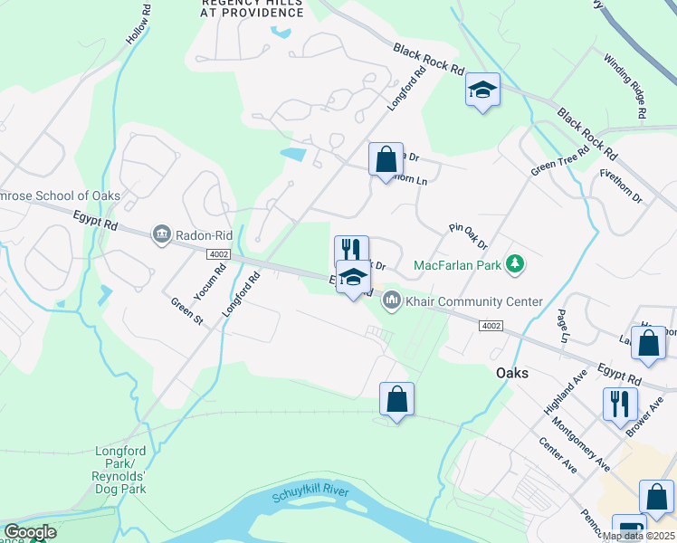map of restaurants, bars, coffee shops, grocery stores, and more near 2 Pin Oak Drive in Phoenixville