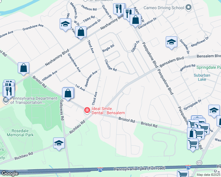 map of restaurants, bars, coffee shops, grocery stores, and more near 4906 Oxford Court in Bucks County