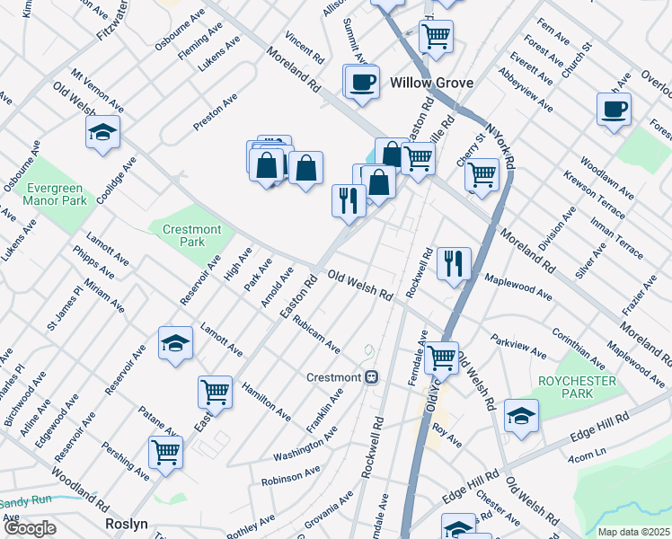 map of restaurants, bars, coffee shops, grocery stores, and more near 2319 State Route 2029 in Willow Grove