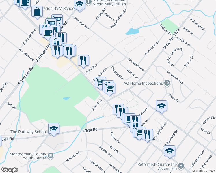 map of restaurants, bars, coffee shops, grocery stores, and more near 26 Miami Road in Eagleville