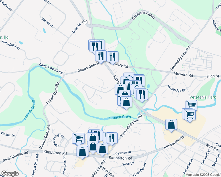 map of restaurants, bars, coffee shops, grocery stores, and more near 201 Debbie Lane in Phoenixville