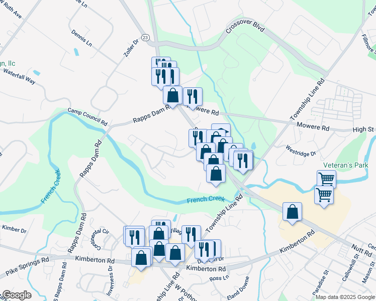 map of restaurants, bars, coffee shops, grocery stores, and more near 201 Debbie Lane in Phoenixville