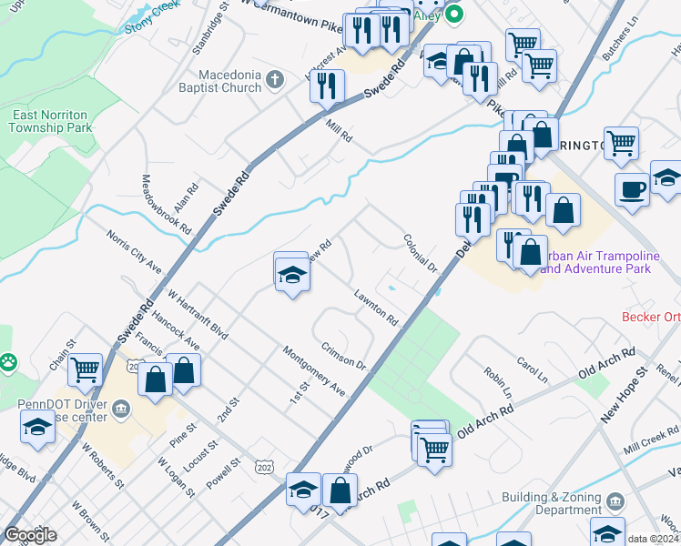 map of restaurants, bars, coffee shops, grocery stores, and more near 103 Lawnton Road in Norristown