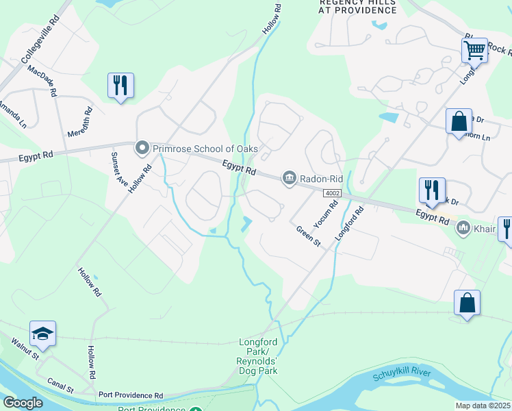 map of restaurants, bars, coffee shops, grocery stores, and more near 260 Hanover Road in Phoenixville