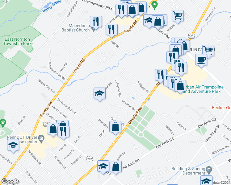 map of restaurants, bars, coffee shops, grocery stores, and more near 103 Lawnton Road in Norristown