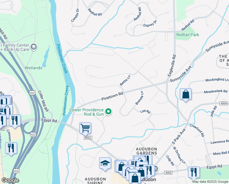 map of restaurants, bars, coffee shops, grocery stores, and more near 209 Pinetown Road in Eagleville