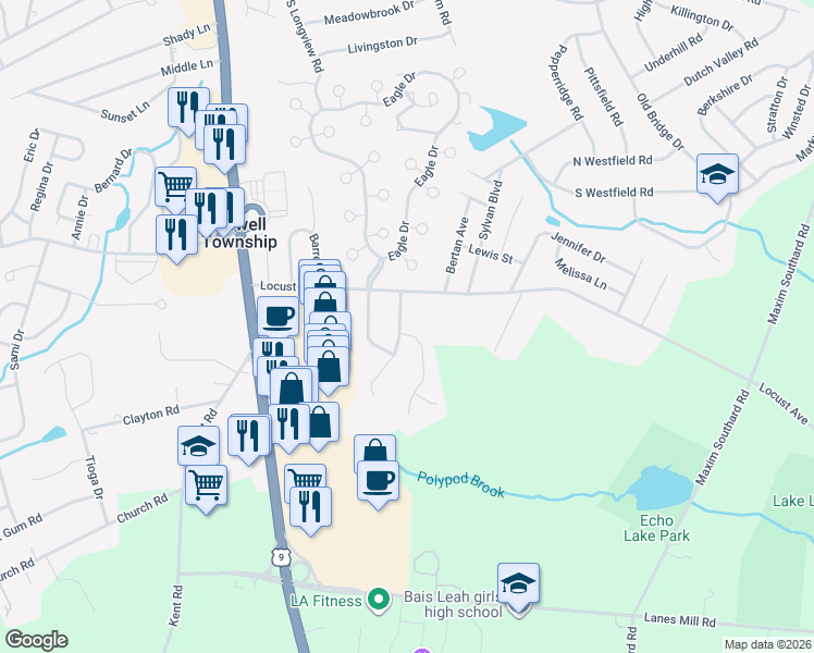 map of restaurants, bars, coffee shops, grocery stores, and more near 7 Thousand Oaks Terrace in Howell Township
