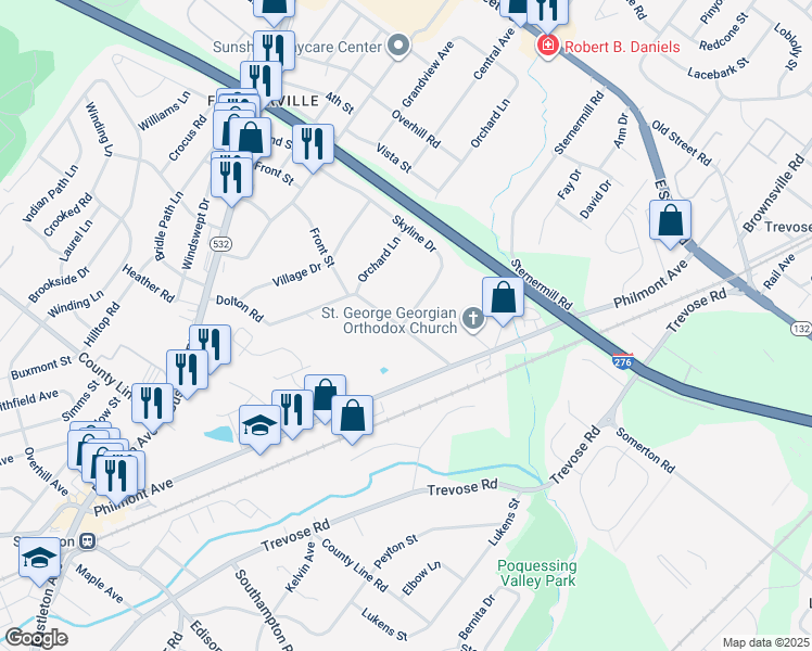 map of restaurants, bars, coffee shops, grocery stores, and more near 206 Dolton Road in Feasterville-Trevose