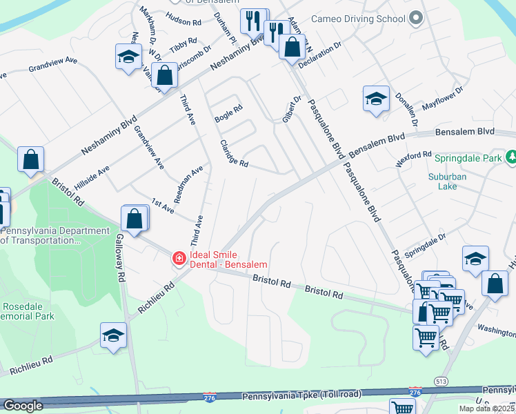 map of restaurants, bars, coffee shops, grocery stores, and more near 6350 Bensalem Boulevard in Bensalem