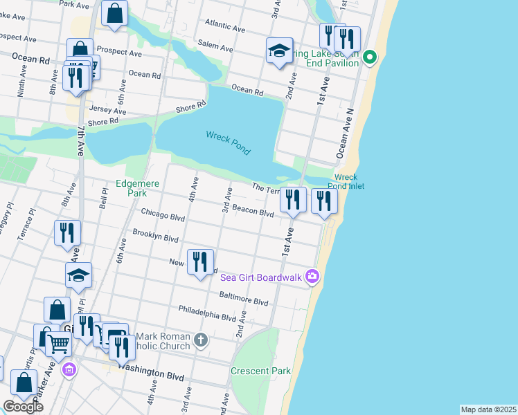 map of restaurants, bars, coffee shops, grocery stores, and more near 201 Beacon Blvd in Sea Girt