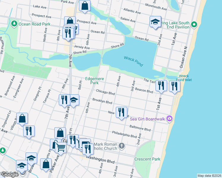 map of restaurants, bars, coffee shops, grocery stores, and more near 415 Chicago Boulevard in Sea Girt