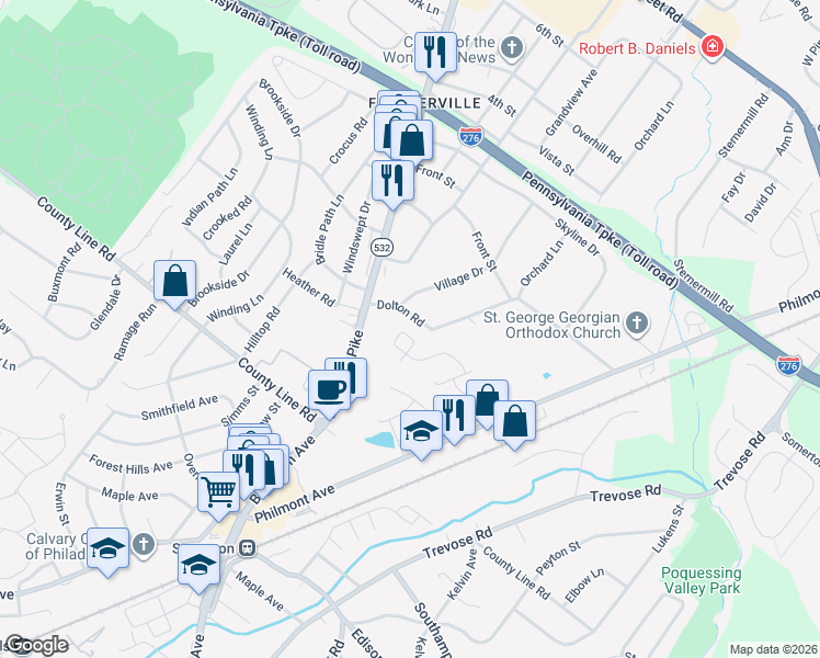 map of restaurants, bars, coffee shops, grocery stores, and more near 139 Ashley Drive in Feasterville-Trevose
