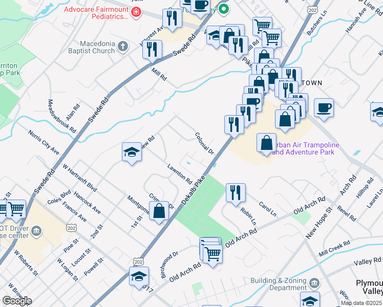 map of restaurants, bars, coffee shops, grocery stores, and more near 2405 Romano Court in Norristown