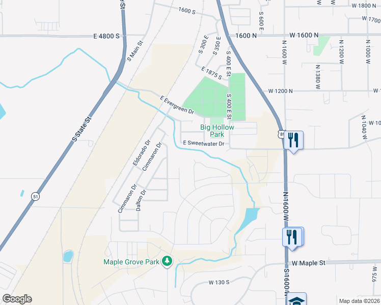 map of restaurants, bars, coffee shops, grocery stores, and more near 268 East Sweetwater Drive in Springville
