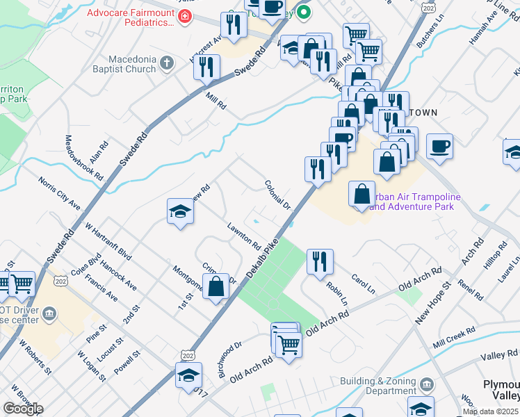 map of restaurants, bars, coffee shops, grocery stores, and more near 2405 Romano Court in Norristown