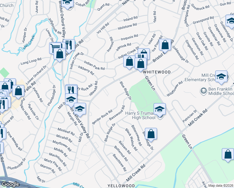 map of restaurants, bars, coffee shops, grocery stores, and more near 107 Border Rock Road in Levittown