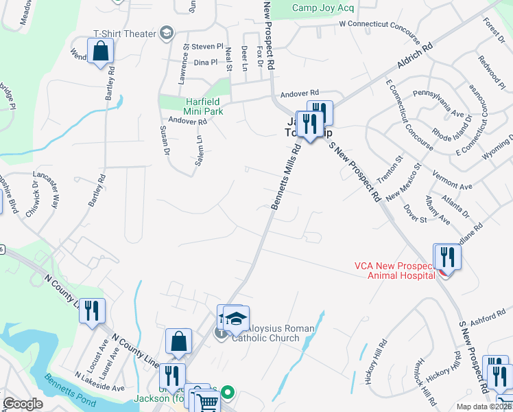 map of restaurants, bars, coffee shops, grocery stores, and more near 1054 Bennetts Mills Road in Jackson Township