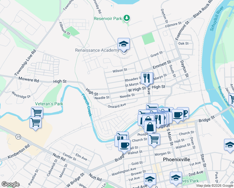 map of restaurants, bars, coffee shops, grocery stores, and more near 564 Needle Street in Phoenixville