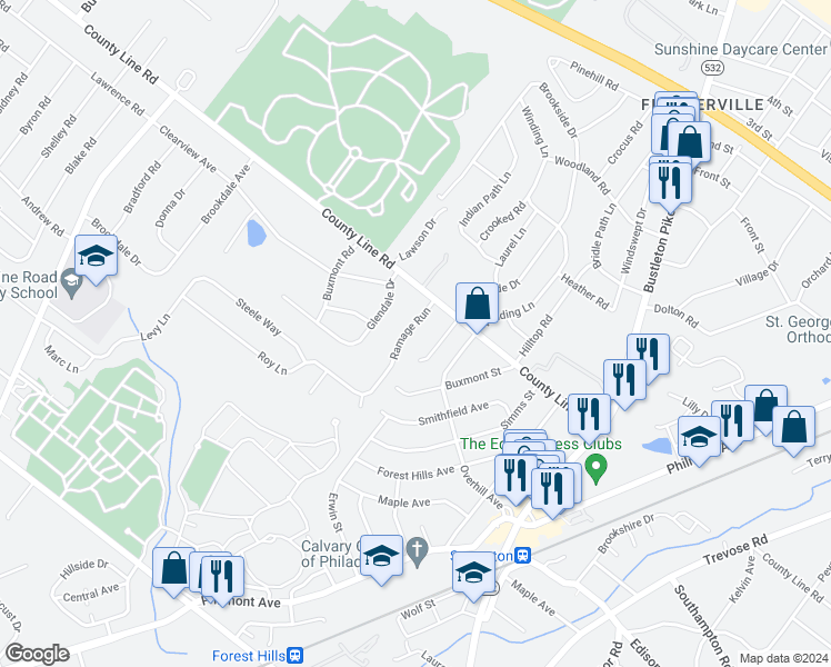 map of restaurants, bars, coffee shops, grocery stores, and more near 8 County Line Road in Montgomery County