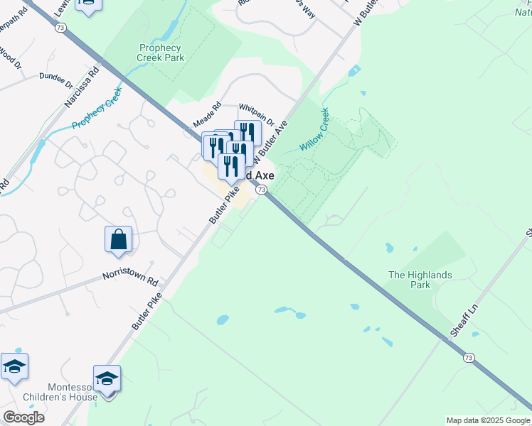map of restaurants, bars, coffee shops, grocery stores, and more near 18 East Skippack Pike in Ambler