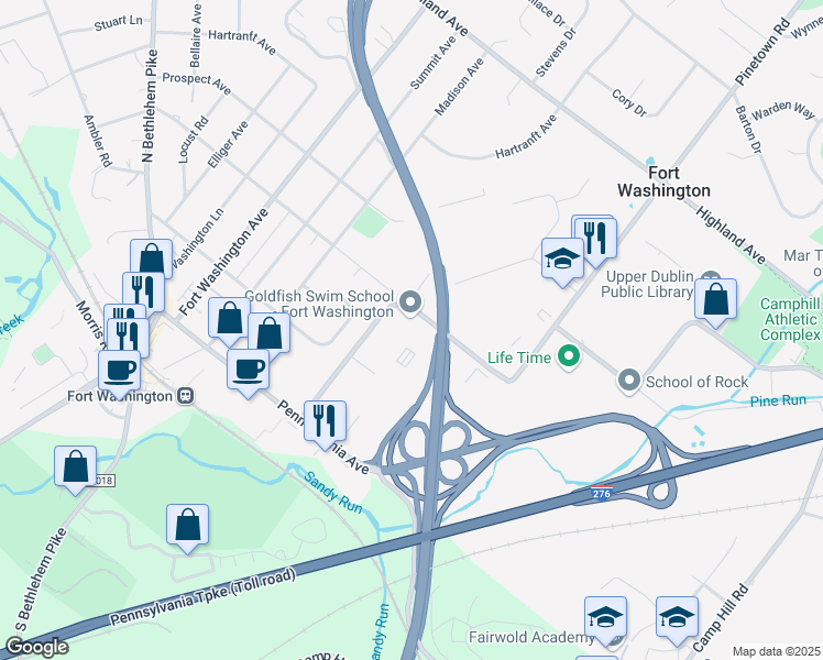 map of restaurants, bars, coffee shops, grocery stores, and more near 185 Commerce Drive in Fort Washington