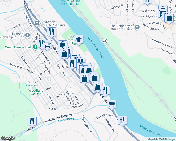 map of restaurants, bars, coffee shops, grocery stores, and more near 100 3rd Street in Charleroi