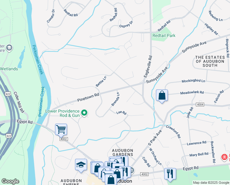 map of restaurants, bars, coffee shops, grocery stores, and more near 100 Pinetown Road in Eagleville
