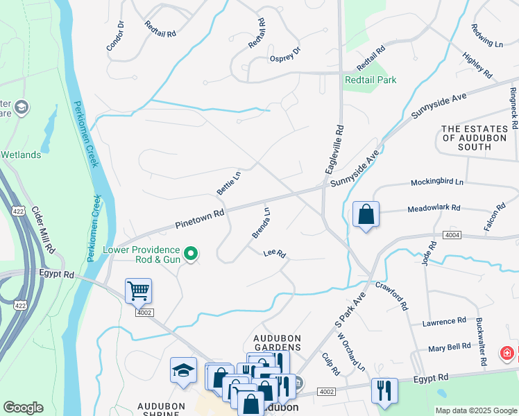 map of restaurants, bars, coffee shops, grocery stores, and more near 100 Pinetown Road in Eagleville