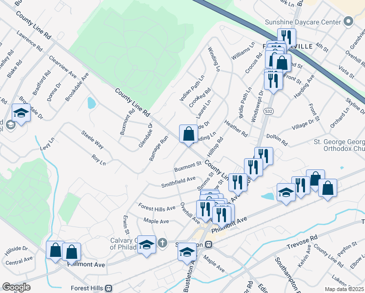 map of restaurants, bars, coffee shops, grocery stores, and more near 106 County Line Road in Philadelphia